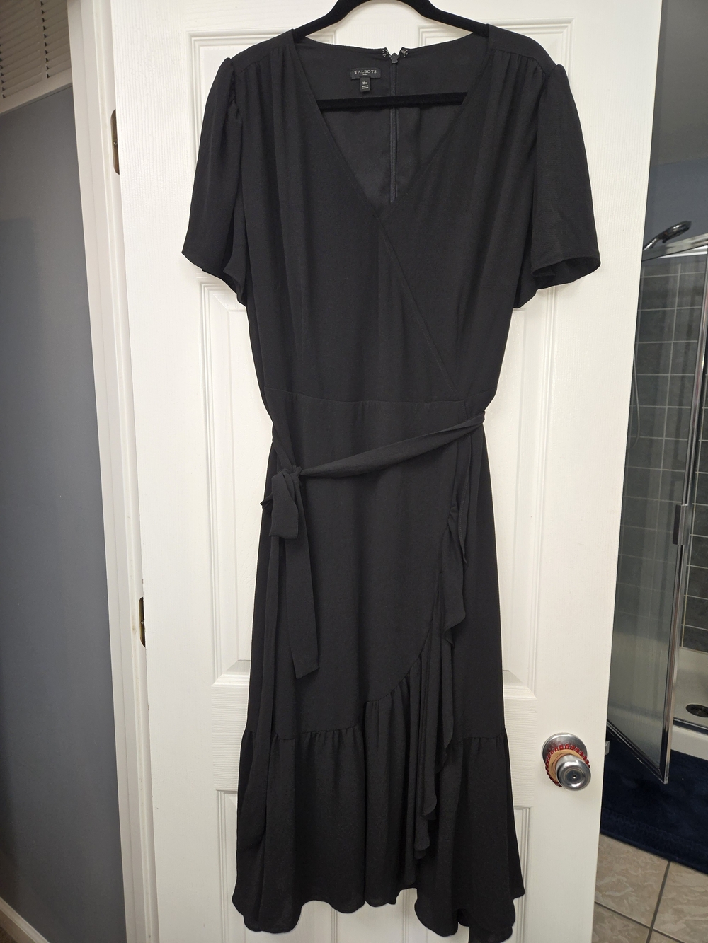 Talbots Black Cascade Wrap-Style Midi Dress with Tie Waist